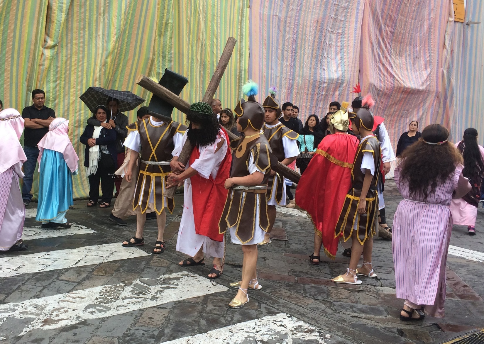 A group of people standing in front of a crowd Description automatically generated