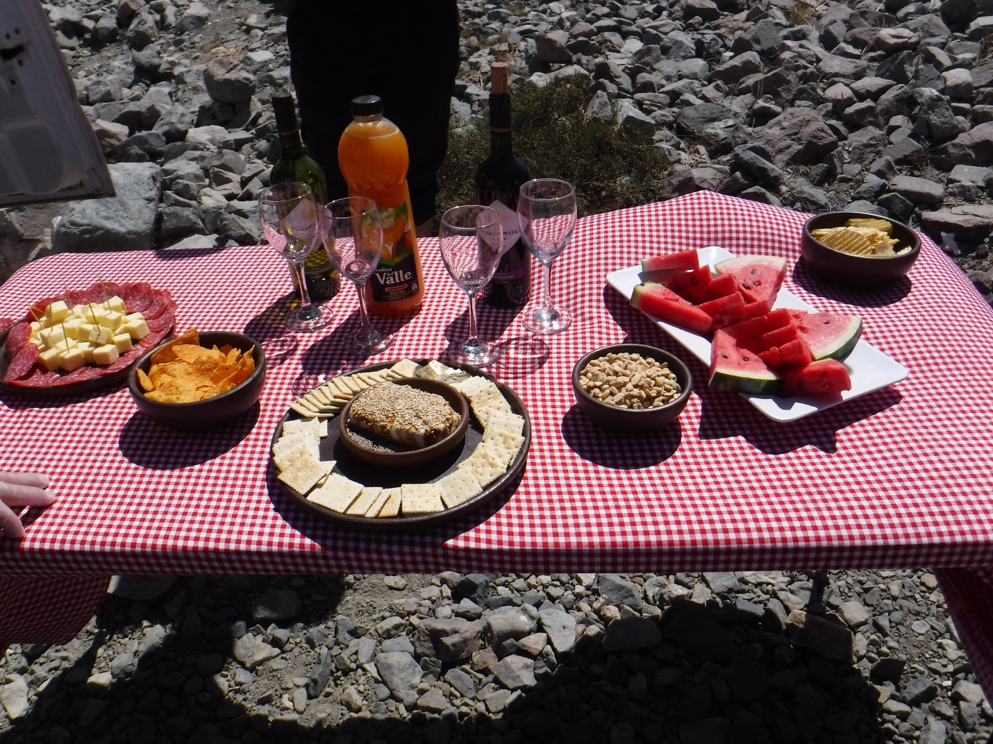 Food on a picnic table Description automatically generated
