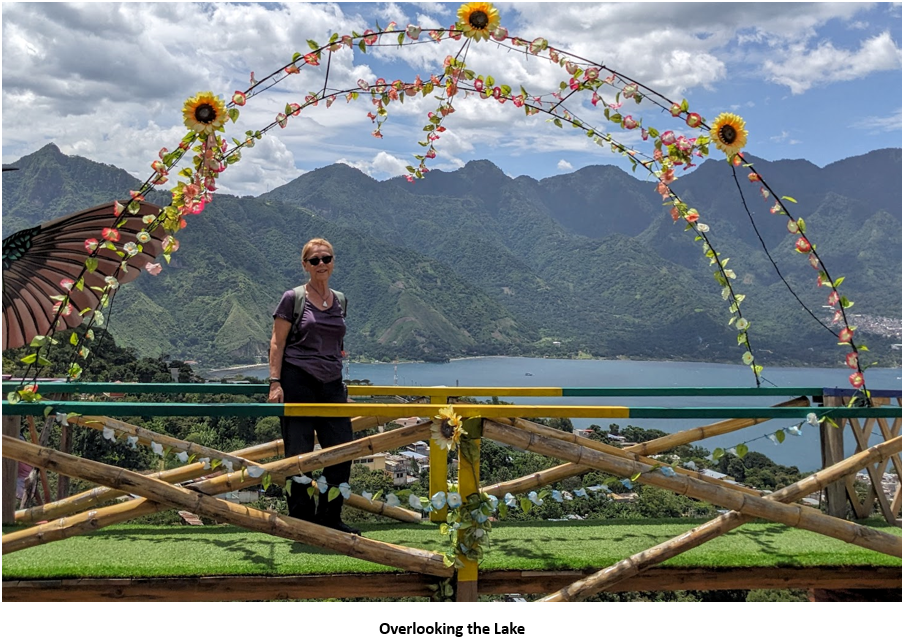 A person standing on a railing with flowers and a lake in the background Description automatically generated