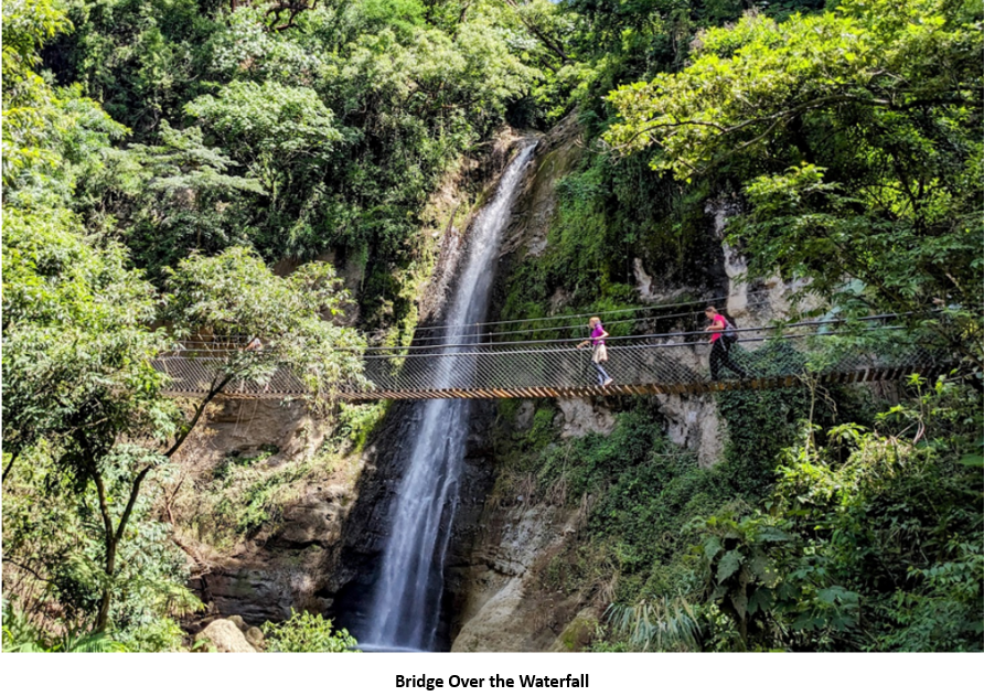People walking on a bridge over a waterfall Description automatically generated