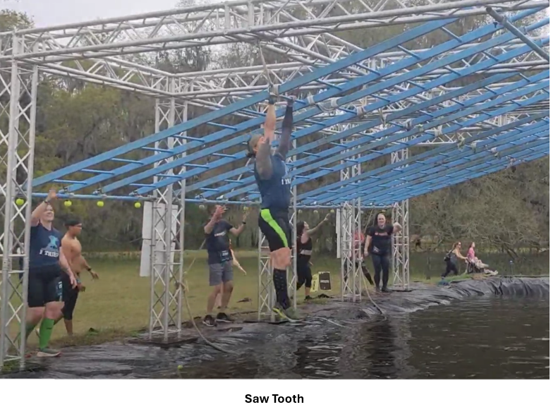 A group of people under a metal structure Description automatically generated