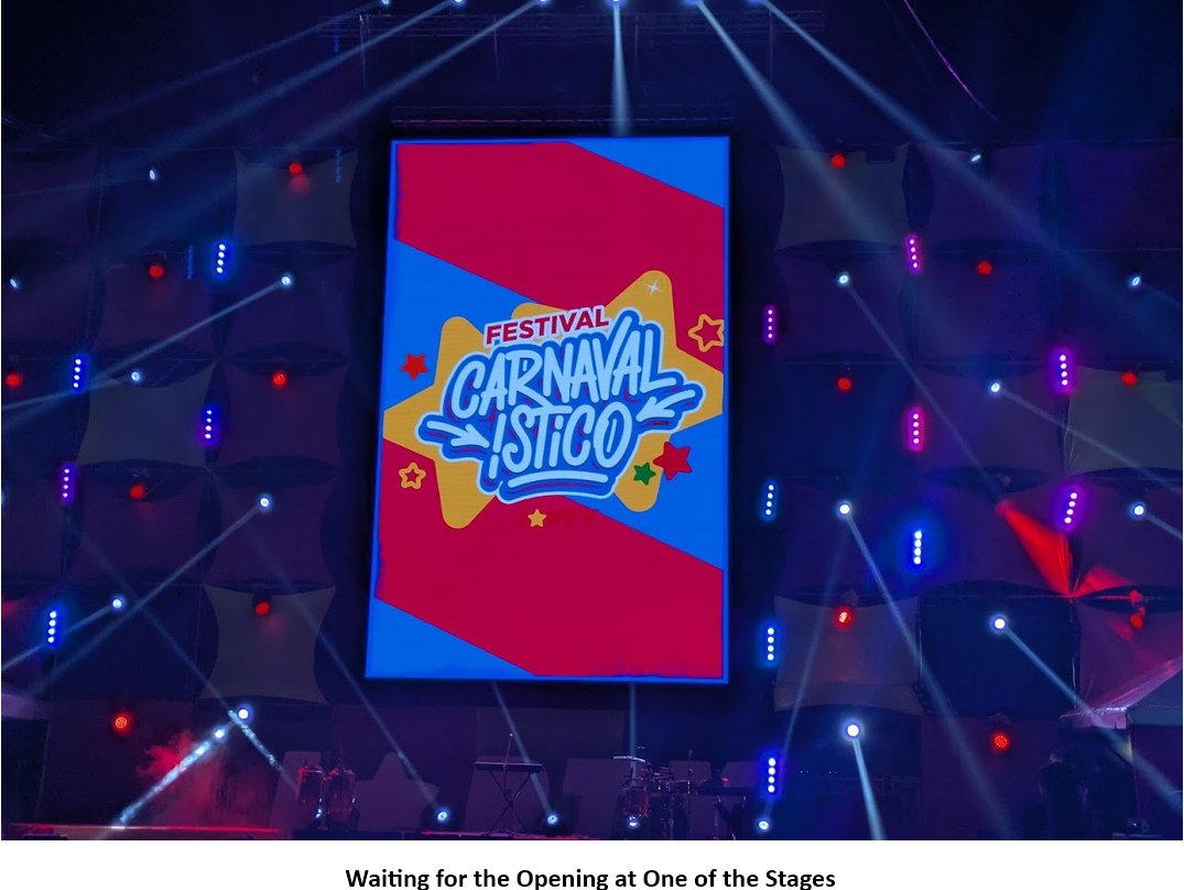 A stage with lights and a sign AI-generated content may be incorrect.